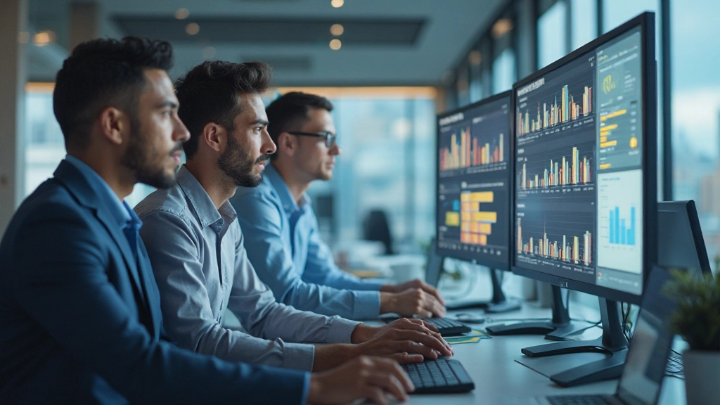 Marketingteam analysiert Daten und Metriken auf einem großen Dashboard mit Diagrammen