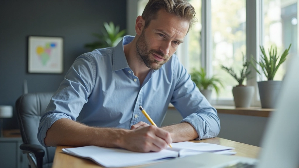 Unternehmer beim Brainstorming mit Notizen und Geschäftsplan an modernem Arbeitsplatz