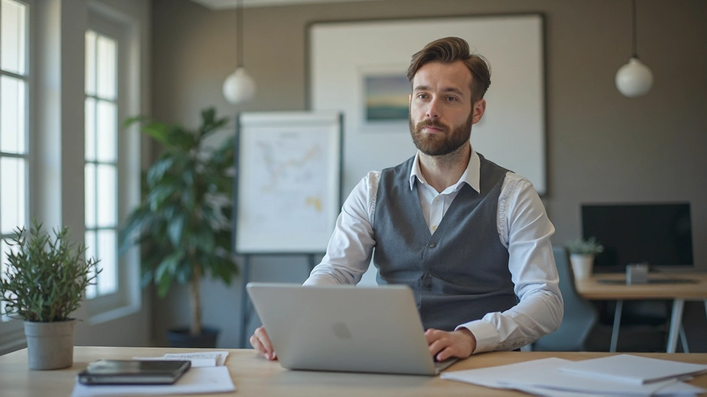 Unternehmer registriert Geschäft online mit Laptop und rechtlichen Dokumenten
