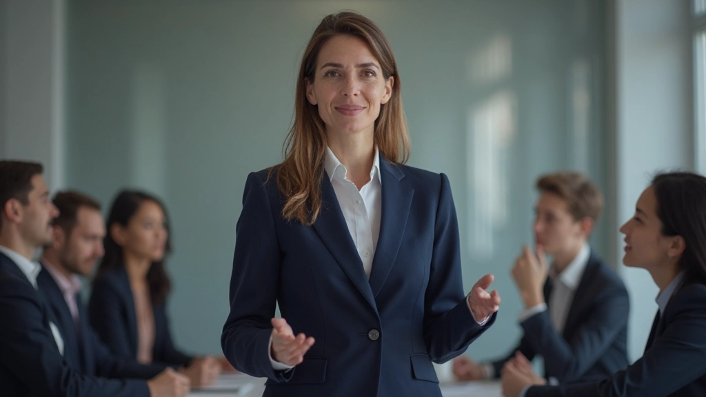 Geschäftsführerin leitet Teammeeting und zeigt Führungskompetenzen für motiviertes Team