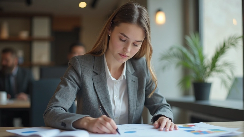 Geschäftsfrau analysiert Finanzberichte und Geschäftskennzahlen
