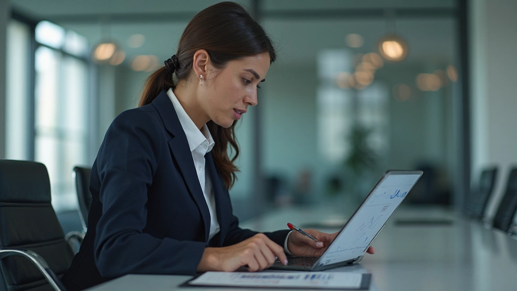 Geschäftsführerin überprüft Strategie-Metriken auf digitalem Dashboard