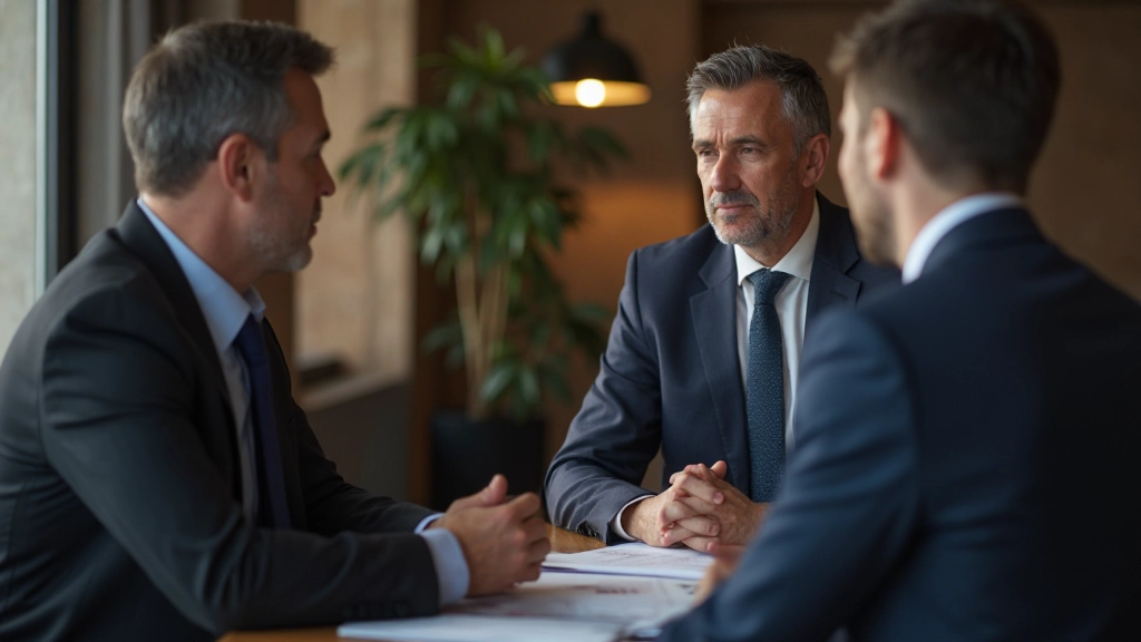 Finanzberater bespricht Kapitalstrategie mit Unternehmer anhand von Finanzberichten