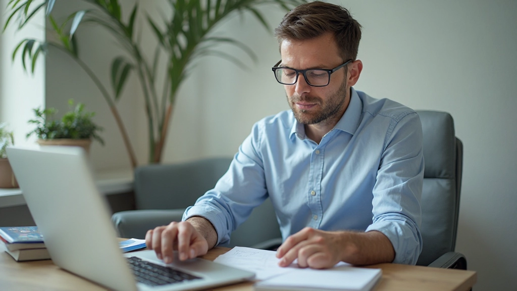 Unternehmer studiert Geschäftskurse auf Laptop in modernem Büro