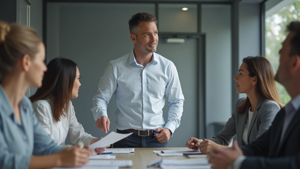 Manager bespricht Projektdelegation mit Team-Mitgliedern, zeigt Vertrauen und Verantwortung
