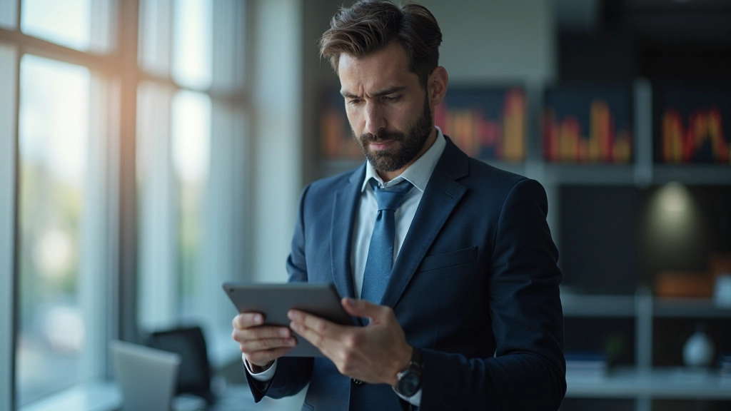 Geschäftsanalyst überprüft Marktforschungsdaten auf Tablet im modernen Büro