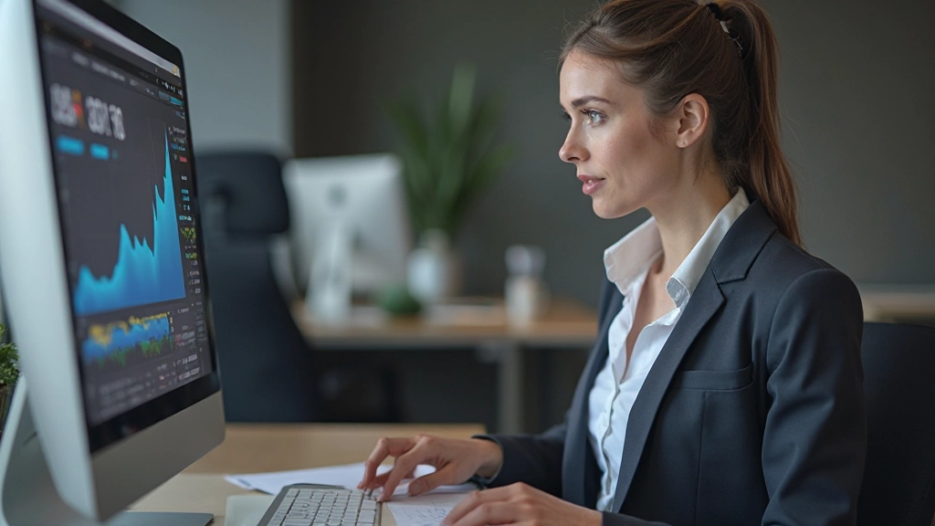 Analytiker studiert Marktdaten auf mehreren Monitoren in modernem Büro
