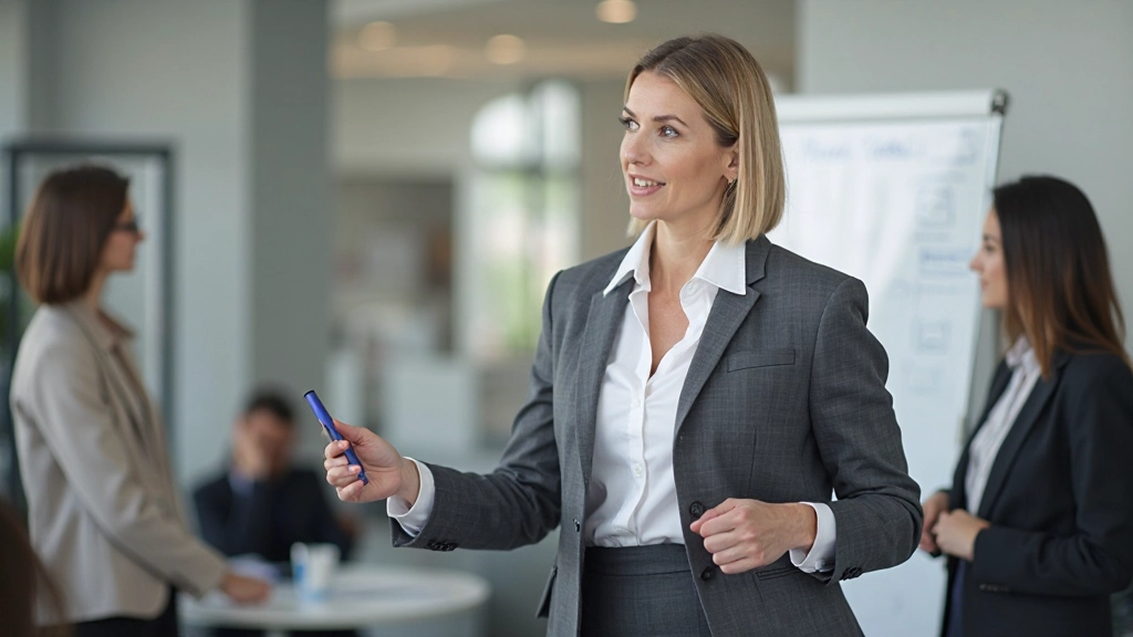 Führungskraft erklärt Strategie mit Whiteboard vor attentivem Team, zeigt visuelle Kommunikation